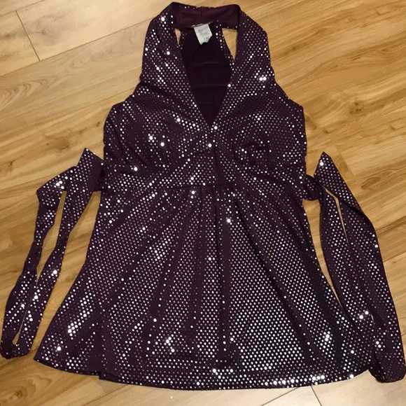 Touch 9 belted halter tunic in Plum purple with silver sparkles - Picture 1 of 8